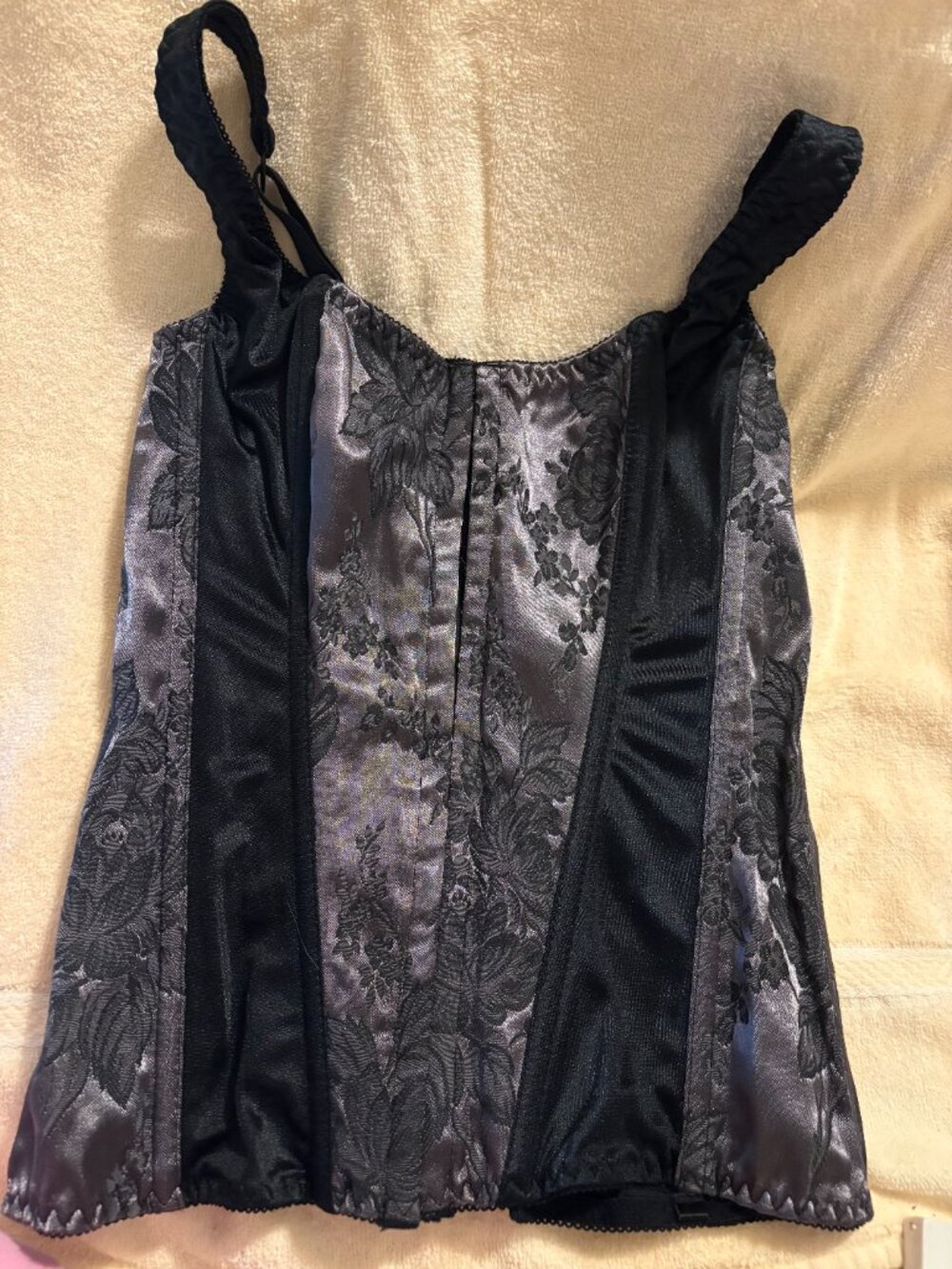 Gorgeous Shirley of Hollywood bustier New Black Satin Corset Baro Details Boning